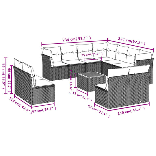 12 Piece Garden Sofa Set with Cushions Poly Rattan dimensions layout for outdoor spaces.