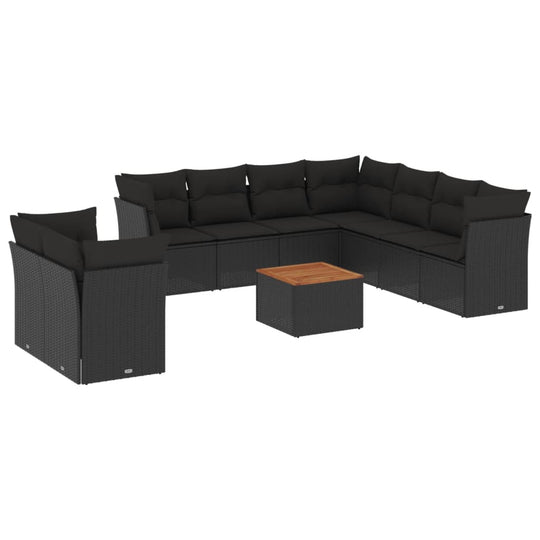 10 Piece Garden Sofa Set with Cushions Poly Rattan in stylish black finish with wooden coffee table.