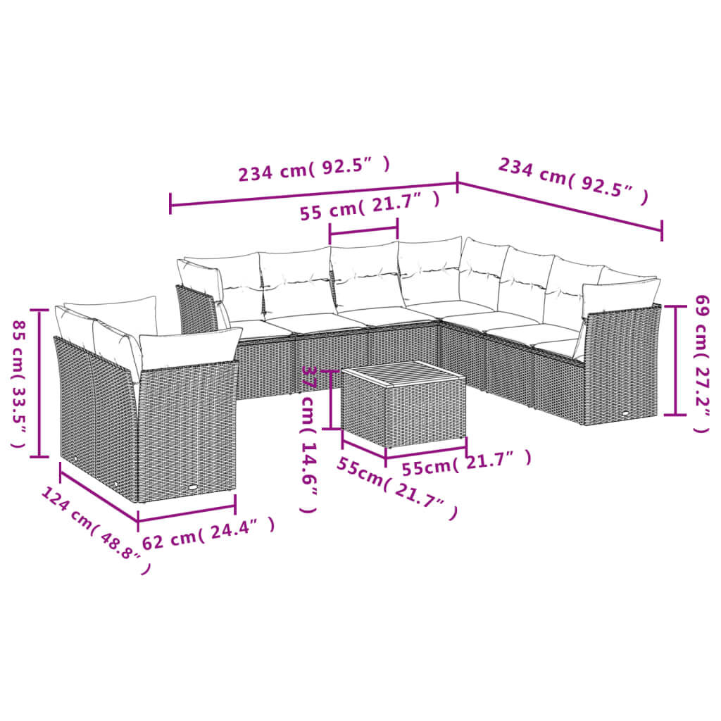 Dimensions of 10 Piece Garden Sofa Set with Cushions Poly Rattan, detailed measurements for perfect fit.