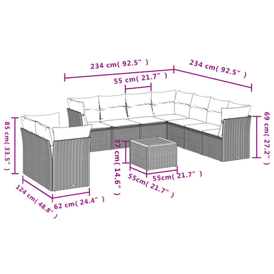 Dimensions of 10 Piece Garden Sofa Set with Cushions Poly Rattan, detailed measurements for perfect fit.