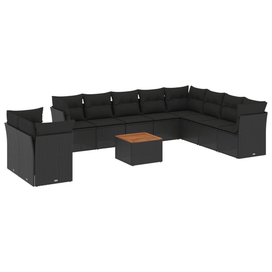 11 Piece Garden Sofa Set with Cushions Poly Rattan in black with a wooden coffee table for outdoor relaxation.