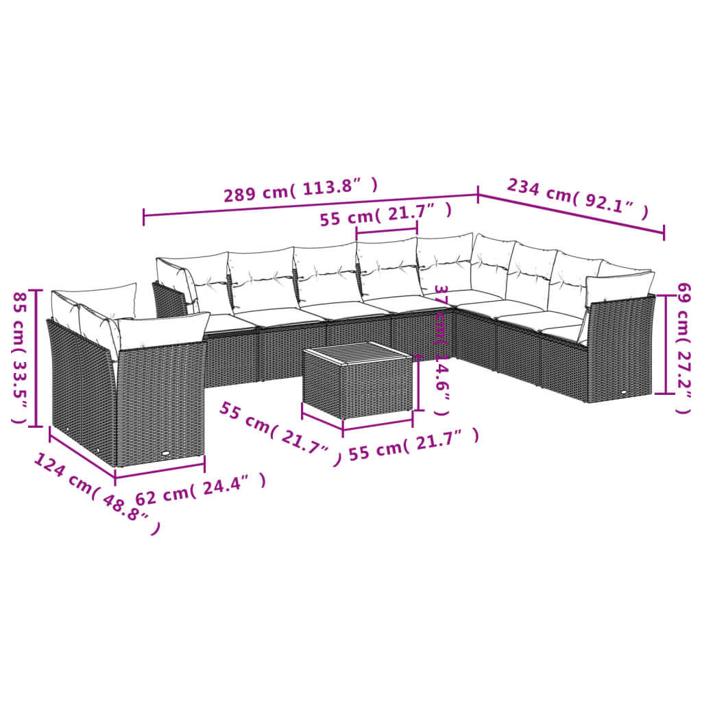 11 Piece Garden Sofa Set with Cushions Poly Rattan dimensions illustration showing measurements and layout.