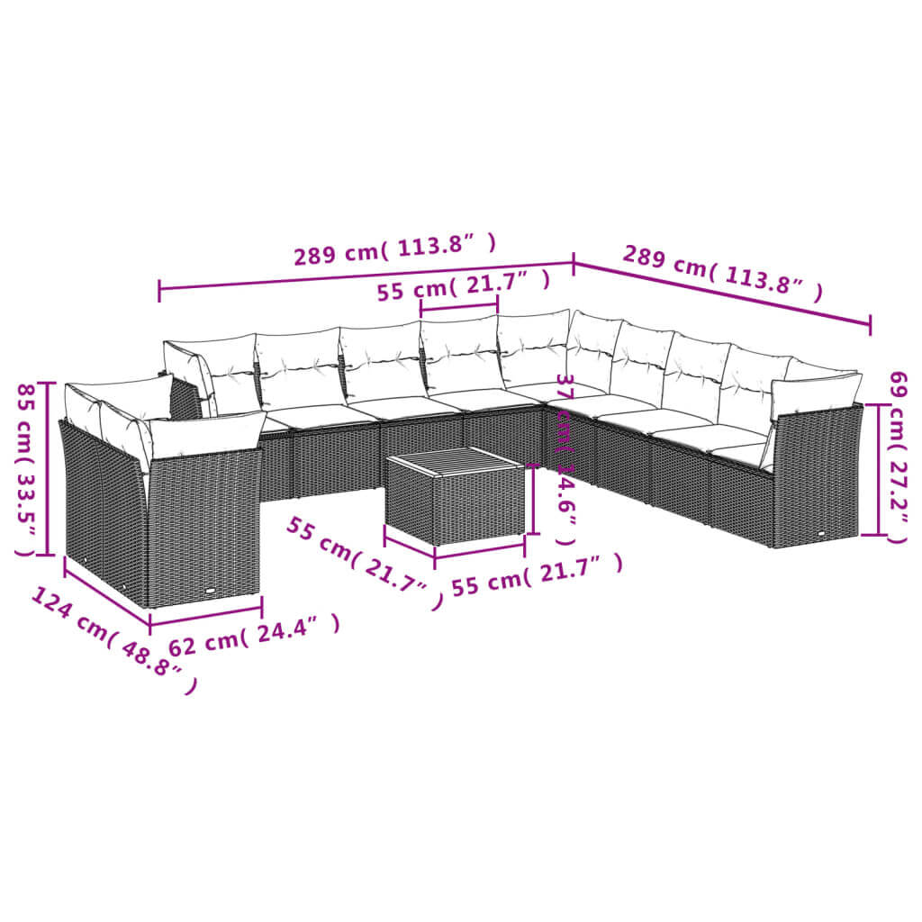 12 Piece Garden Sofa Set with Cushions Poly Rattan dimensions diagram showing layout and measurements.
