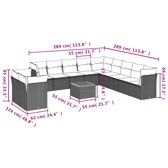 12 Piece Garden Sofa Set with Cushions Poly Rattan dimensions diagram showing layout and measurements.
