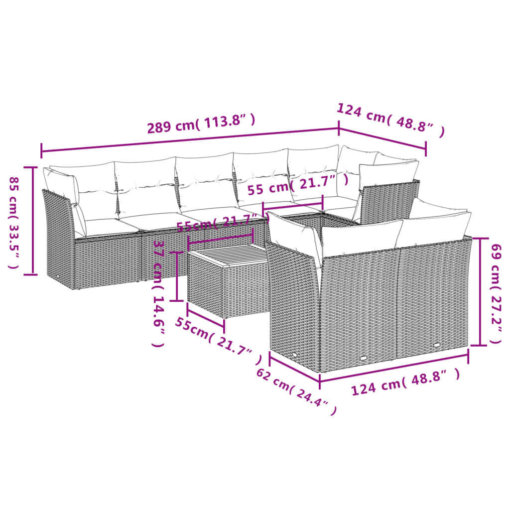 9 Piece Garden Sofa Set with Cushions Poly Rattan dimensions diagram showcasing layout and measurements.