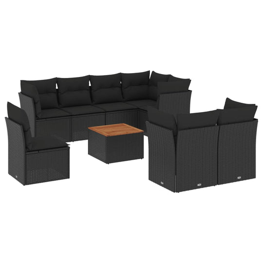 9 Piece Garden Sofa Set with Cushions Poly Rattan in black, featuring comfortable seating and a central table.