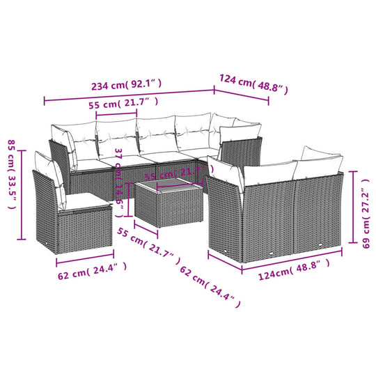 9 Piece Garden Sofa Set with Cushions Poly Rattan dimensions and layout diagram for outdoor seating.