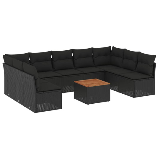 10 Piece Garden Sofa Set with Cushions Poly Rattan featuring stylish black cushions and a wooden accent table.