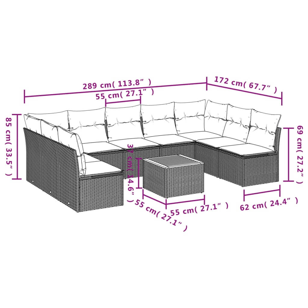 Dimensions of 10 Piece Garden Sofa Set with Cushions Poly Rattan, including sectional and coffee table measurements.