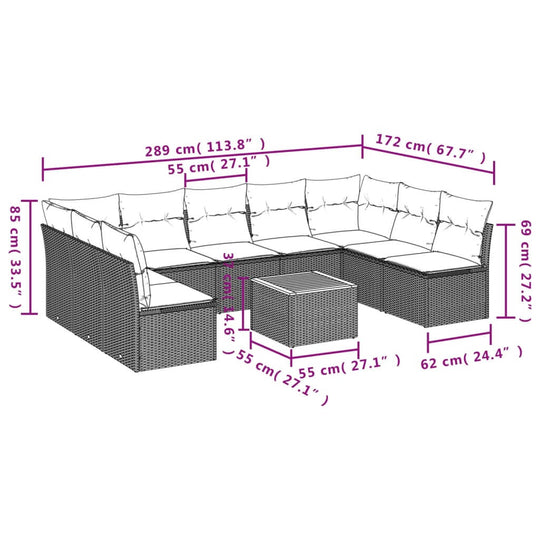 Dimensions of 10 Piece Garden Sofa Set with Cushions Poly Rattan, including sectional and coffee table measurements.