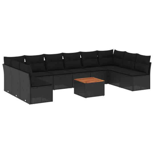 11 Piece Garden Sofa Set with Cushions Poly Rattan in black with wooden coffee table.