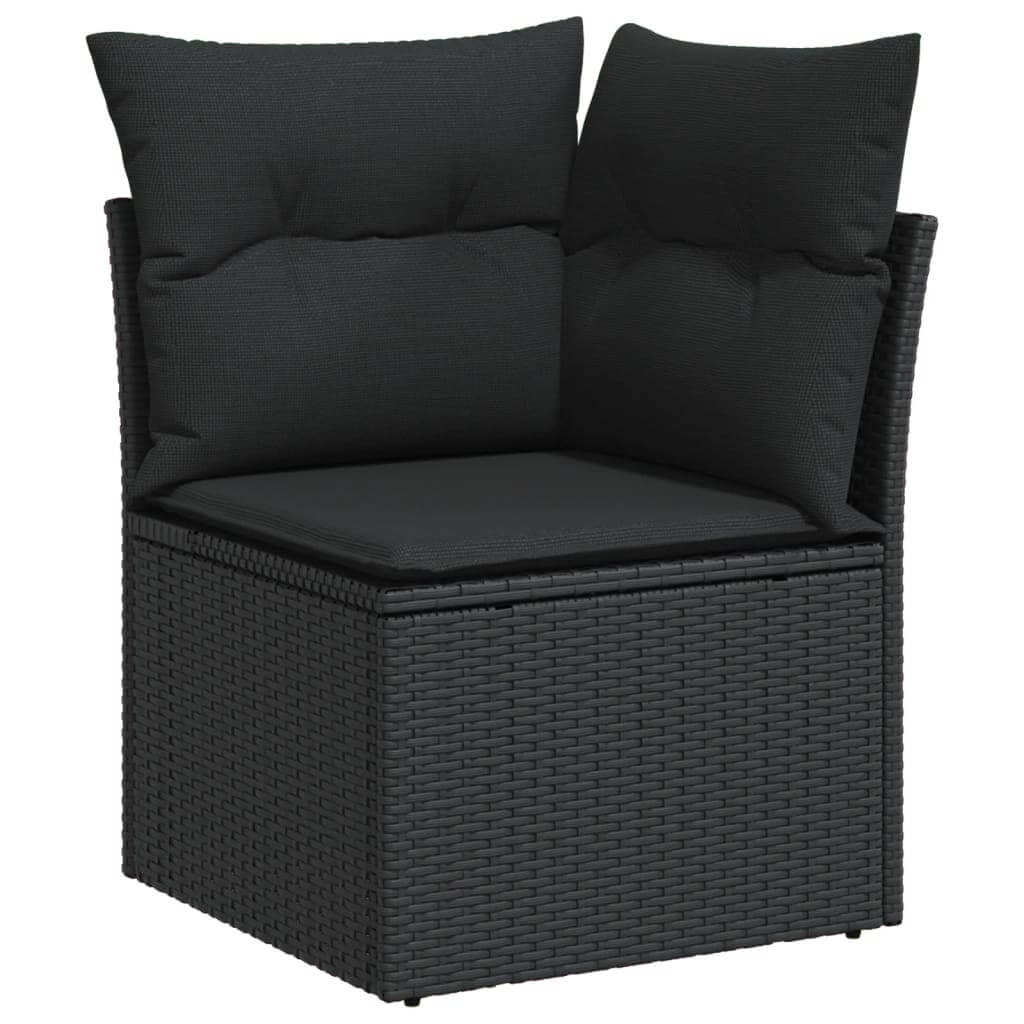 11 Piece Garden Sofa Set with Cushions Poly Rattan corner chair with black cushions and woven design.