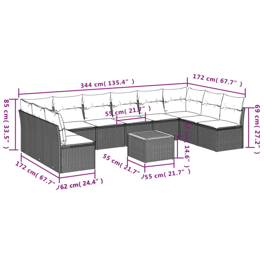 Dimensions of 11 Piece Garden Sofa Set with Cushions Poly Rattan with detailed measurements.