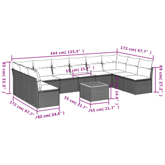 Dimensions of 11 Piece Garden Sofa Set with Cushions Poly Rattan with detailed measurements.