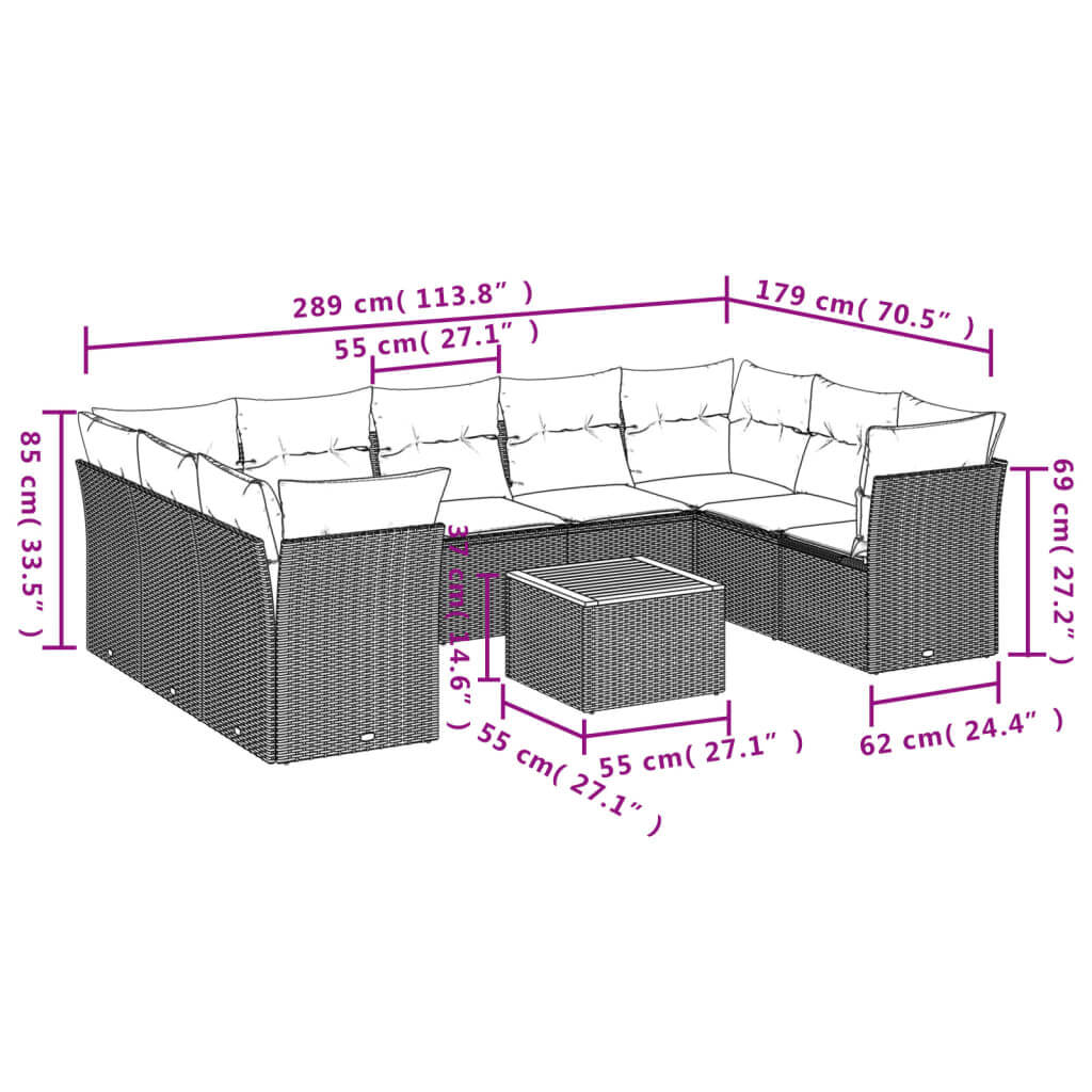 10 Piece Garden Sofa Set with Cushions Poly Rattan dimensions diagram for outdoor use.