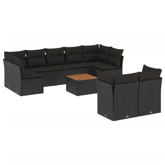 10 Piece Garden Sofa Set with Cushions Poly Rattan showcasing a stylish outdoor seating arrangement with dark cushions.