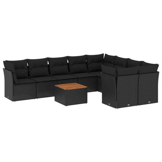 10 Piece Garden Sofa Set with Cushions Poly Rattan featuring a stylish black design and a wooden coffee table.