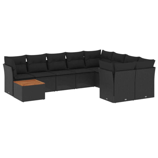 10 Piece Garden Sofa Set with Cushions Poly Rattan in black with cozy cushions and wooden coffee table.