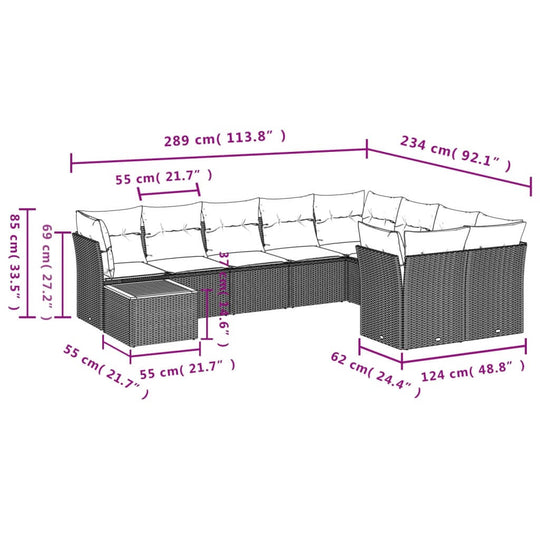 10 Piece Garden Sofa Set with Cushions Poly Rattan dimensions diagram showing seating layout and measurements.