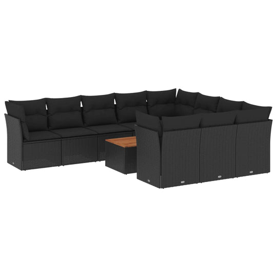 11 Piece Garden Sofa Set with Cushions Poly Rattan in black with a wooden table, perfect for outdoor relaxation.
