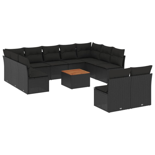 12 Piece Garden Sofa Set with Cushions Poly Rattan in a spacious L-shape design with a wooden coffee table.