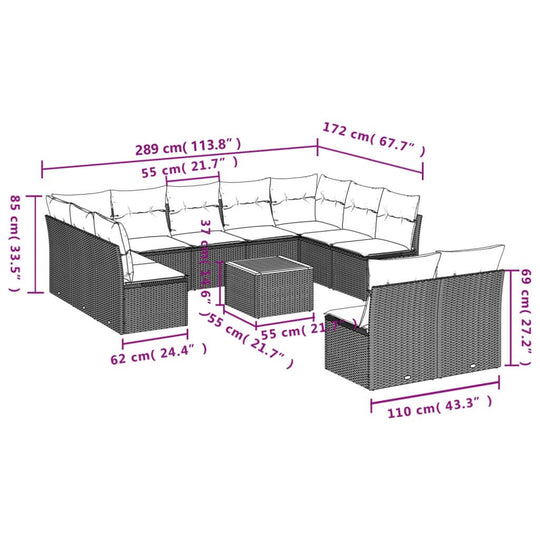 12 Piece Garden Sofa Set with Cushions  Poly Rattan dimensions diagram with detailed measurements.