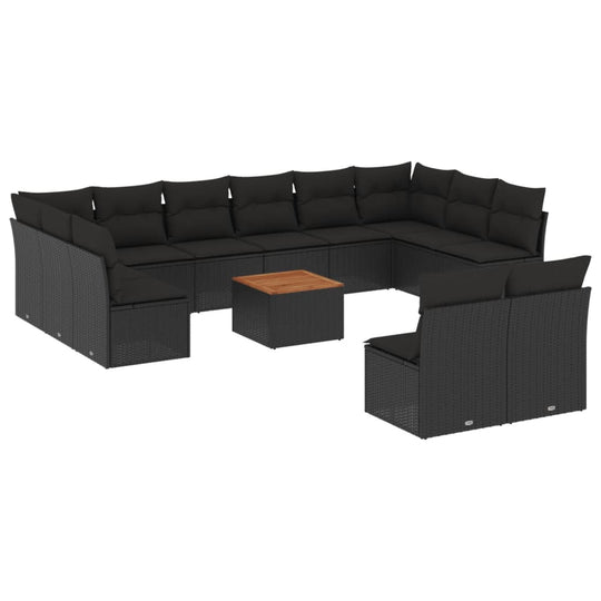 13 Piece Garden Sofa Set with Cushions Poly Rattan, featuring black cushions and a modern design for outdoor relaxation.