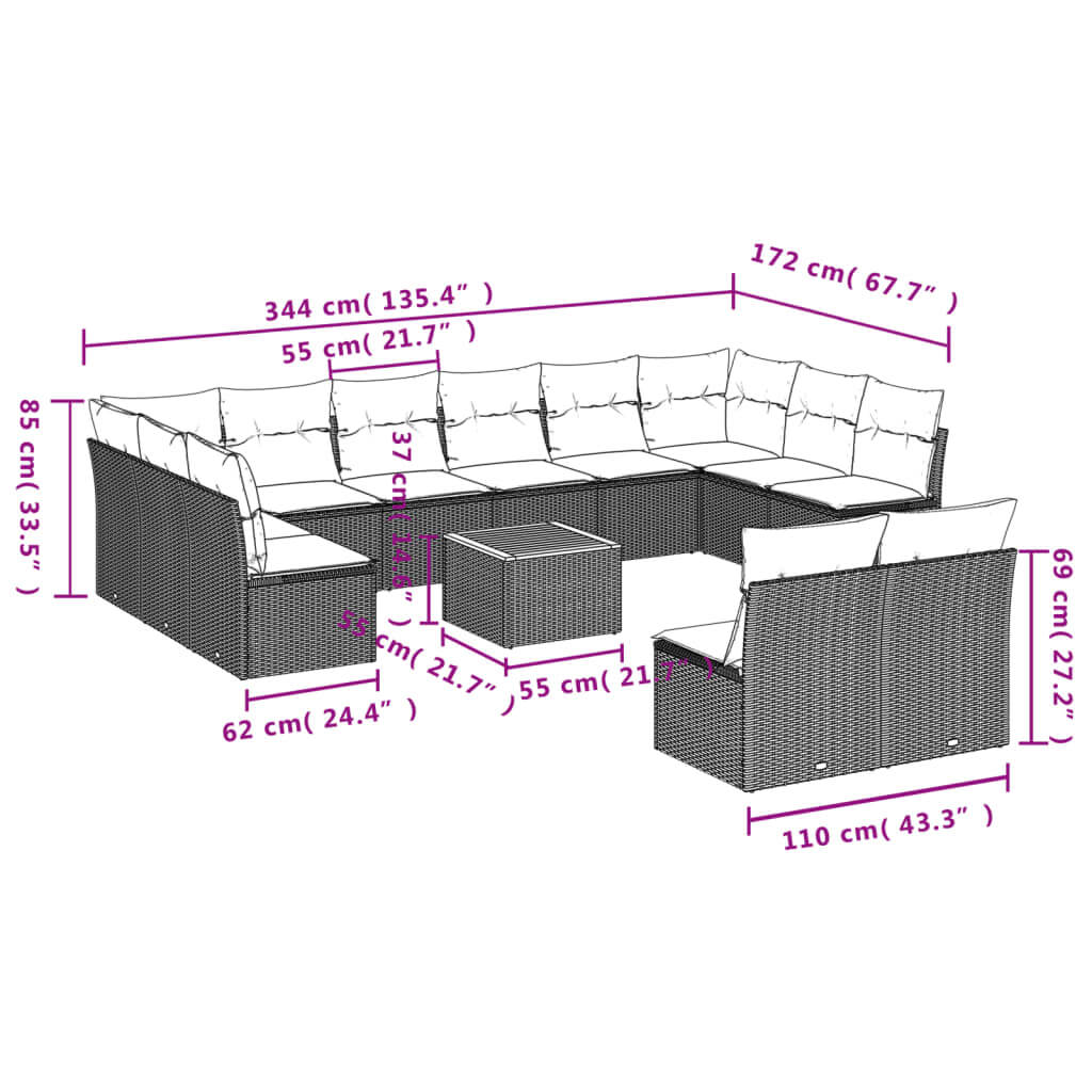 13 Piece Garden Sofa Set with Cushions Poly Rattan dimensions diagram with measurements.