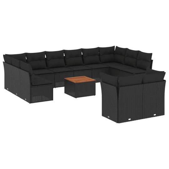 13 Piece Garden Sofa Set with Cushions Poly Rattan in black with wooden coffee table