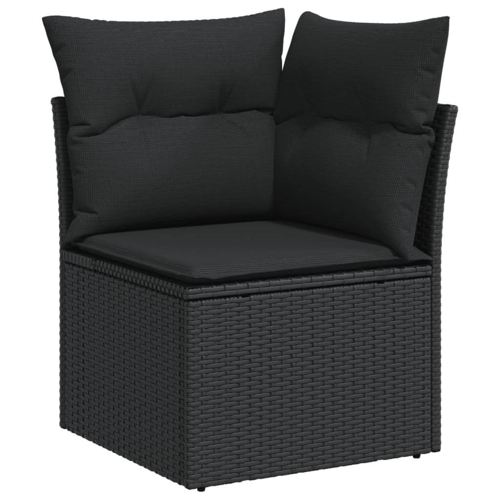 13 Piece Garden Sofa Set with Cushions Poly Rattan corner chair with black cushions and woven structure.