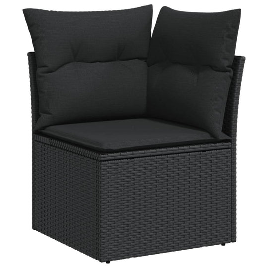 13 Piece Garden Sofa Set with Cushions Poly Rattan corner chair with black cushions and woven structure.