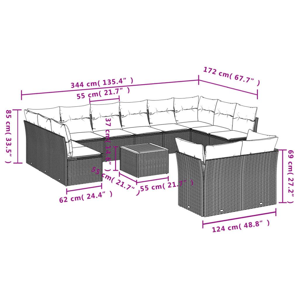 13 Piece Garden Sofa Set with Cushions Poly Rattan dimensions diagram showing measurements and design details
