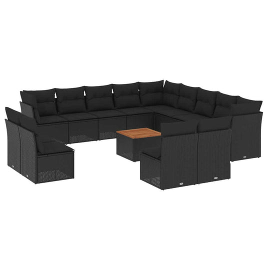 14 Piece Garden Sofa Set with Cushions Poly Rattan in black with sturdy design and wooden coffee table.