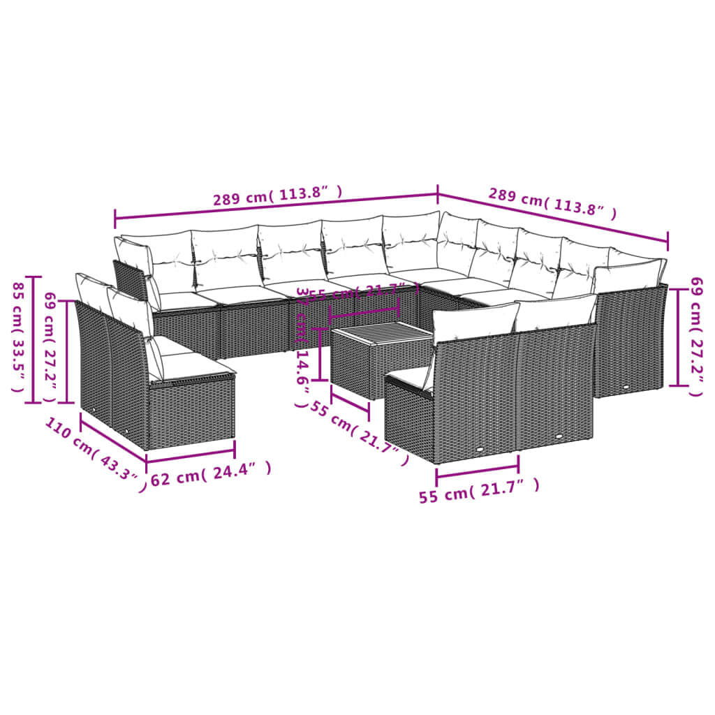14 Piece Garden Sofa Set with Cushions Poly Rattan dimensions diagram with measurements for patio arrangement.
