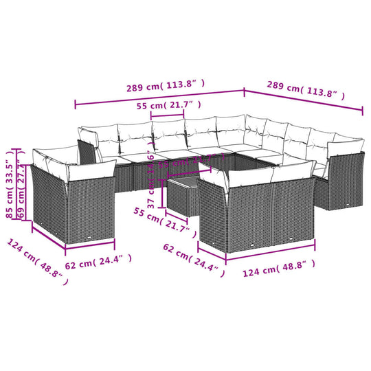14 Piece Garden Sofa Set with Cushions Poly Rattan dimensions and layout illustration