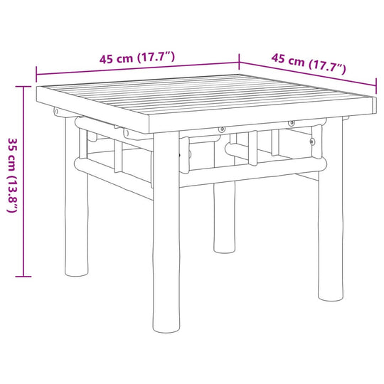 Coffee table dimensions 45x45x35 cm, made of bamboo with slat design for outdoor and lounge use. Ideal for versatile furniture arrangements.