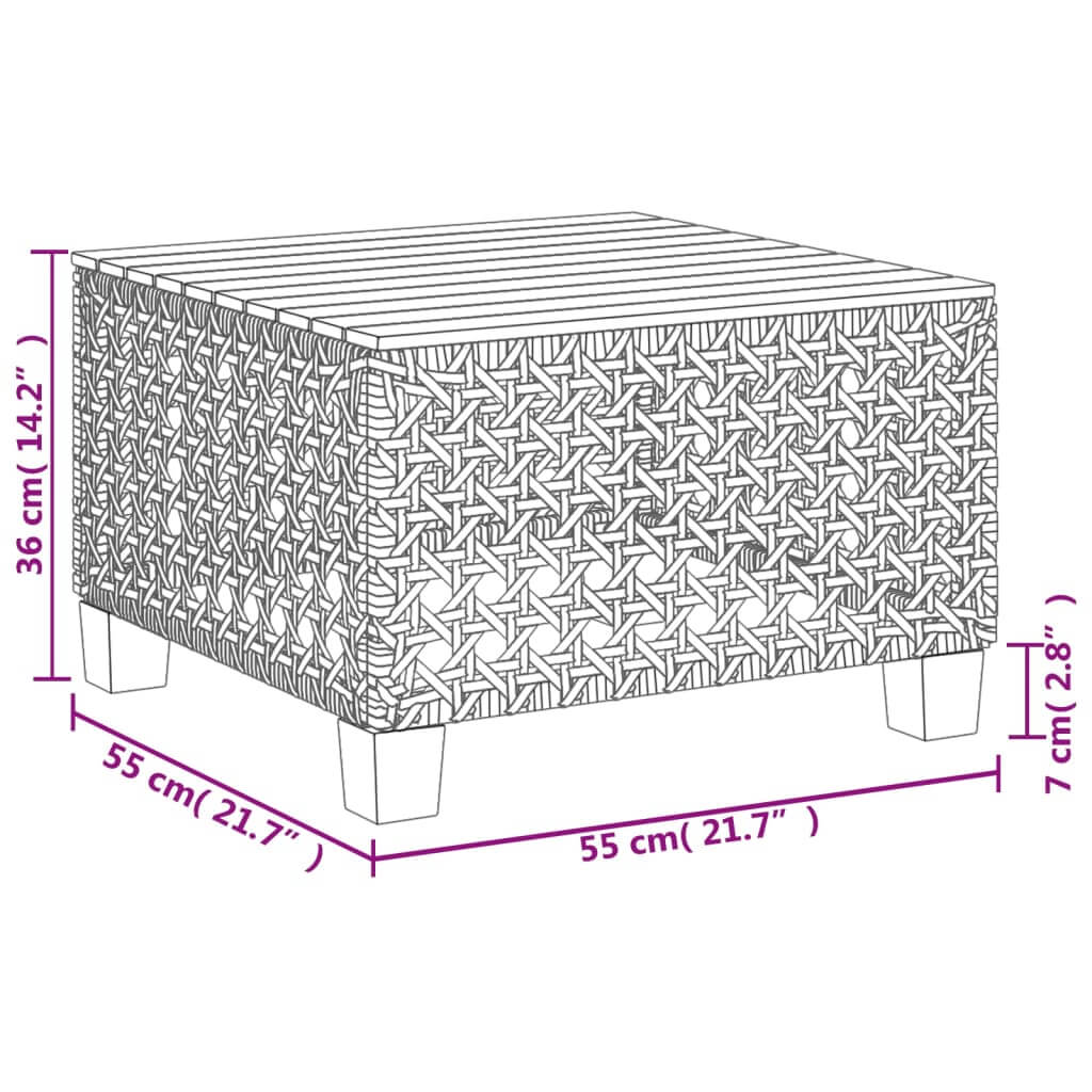 Dimensions of a square outdoor coffee table made from grey poly rattan, measuring 36 cm high and 55 cm wide.