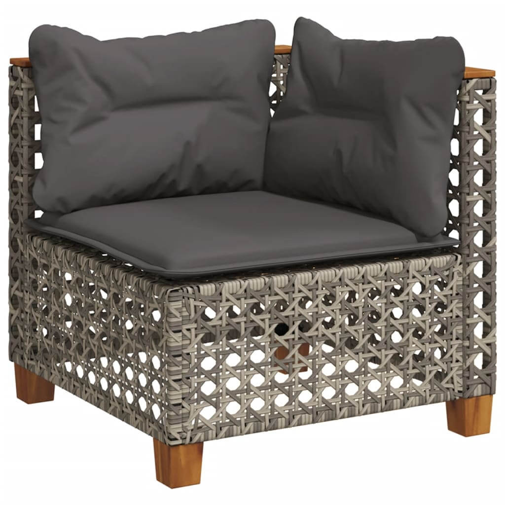 Modern grey poly rattan garden sofa corner seat with plush cushions, perfect for outdoor lounging and relaxation.