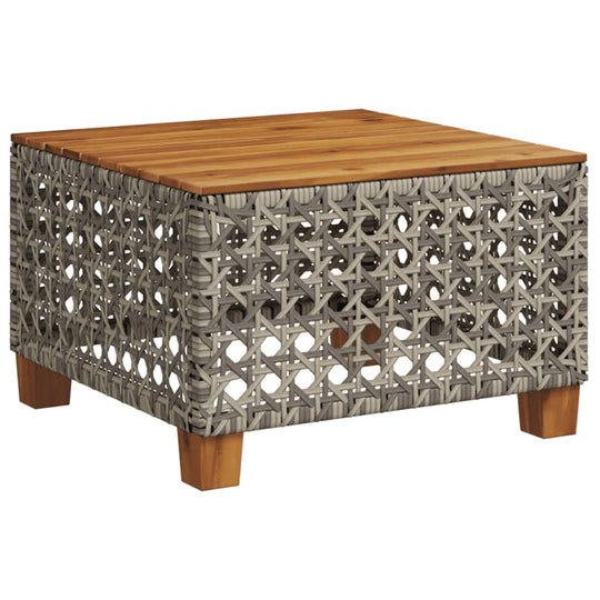 Grey poly rattan outdoor coffee table with wooden top, perfect for patio or garden furniture arrangements.