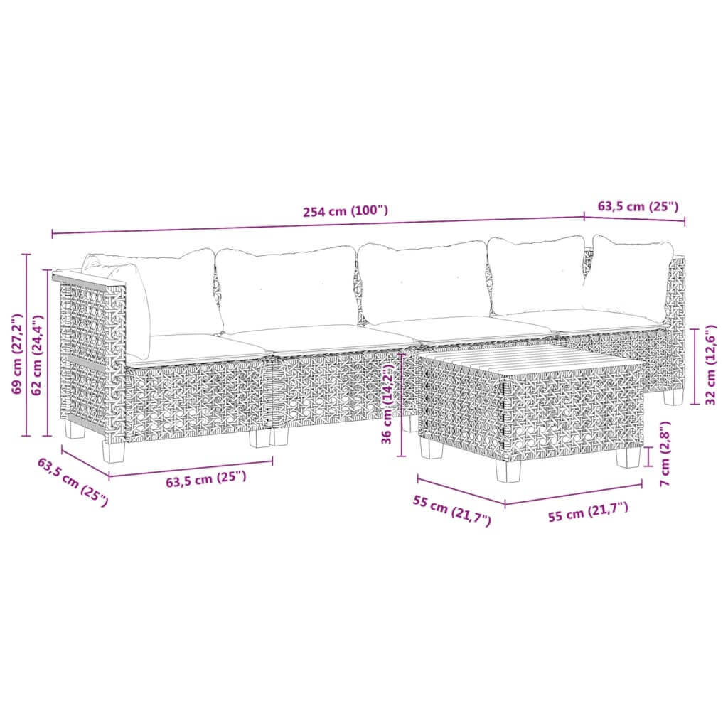 5 piece garden sofa set dimensions with cushions in grey poly rattan, showcasing lounge furniture for outdoor spaces.