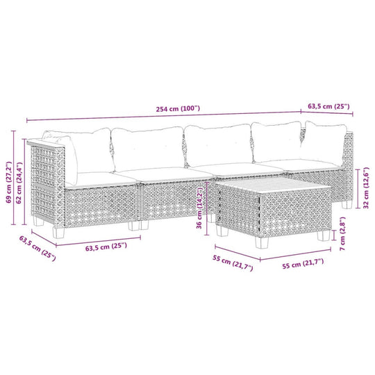 5 piece garden sofa set dimensions with cushions in grey poly rattan, showcasing lounge furniture for outdoor spaces.