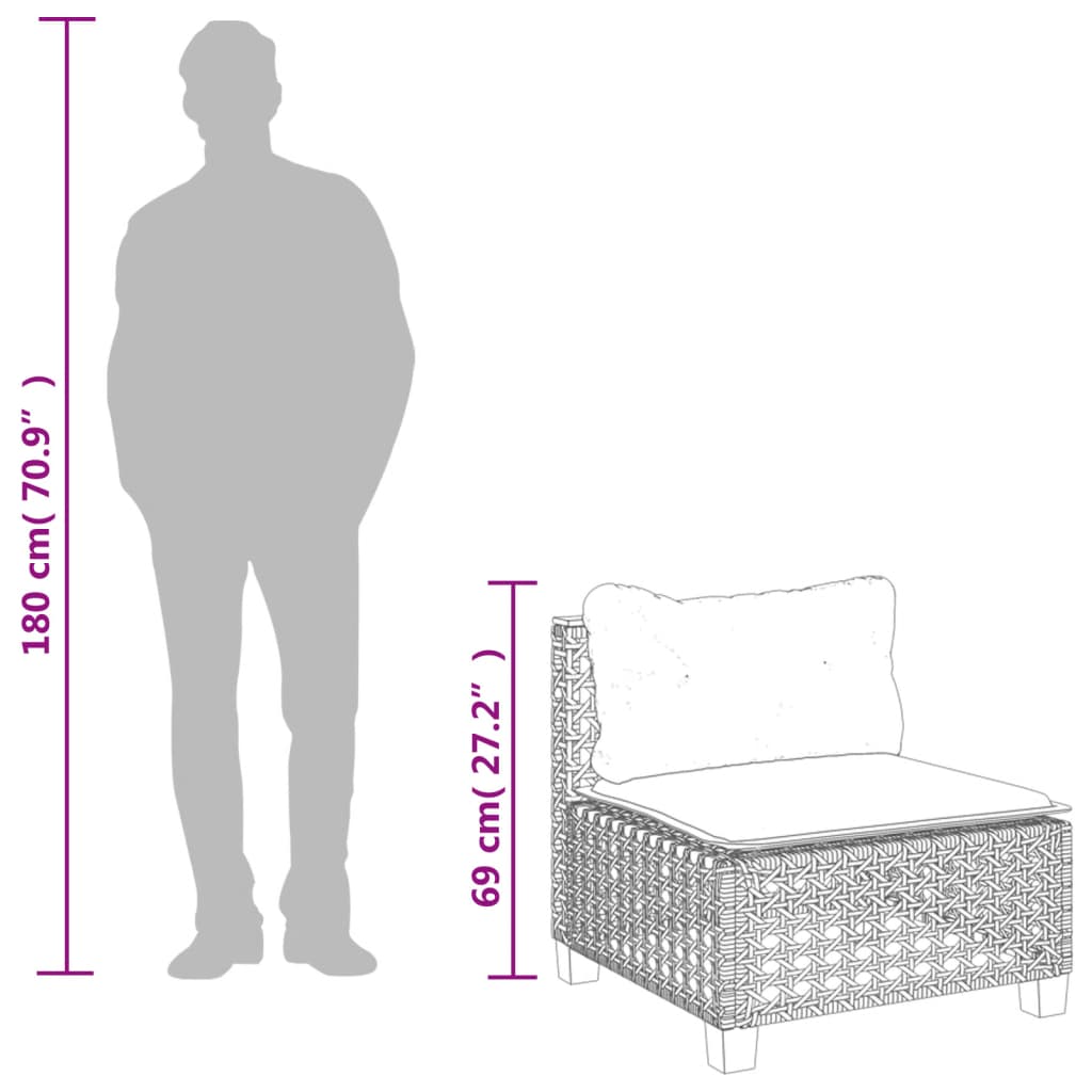 Dimensions of a garden sofa chair with cushion, showing height 180 cm and width 69 cm for outdoor lounge furniture.