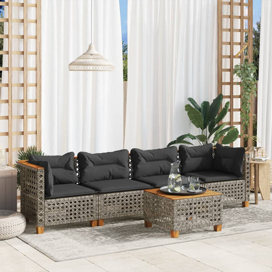 5 piece grey poly rattan garden sofa set with cushions, perfect for outdoor lounging and relaxation.