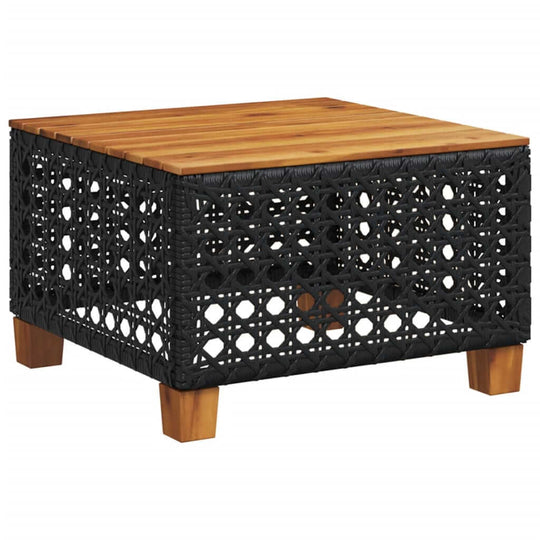 Stylish black poly rattan coffee table with wooden top, perfect for outdoor furniture arrangements.