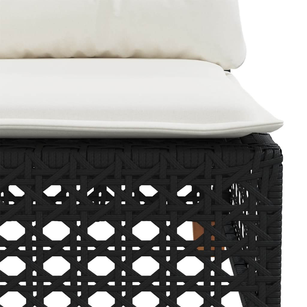 Close-up of black poly rattan garden sofa set with cream cushion, perfect for outdoor lounge and patio decor.