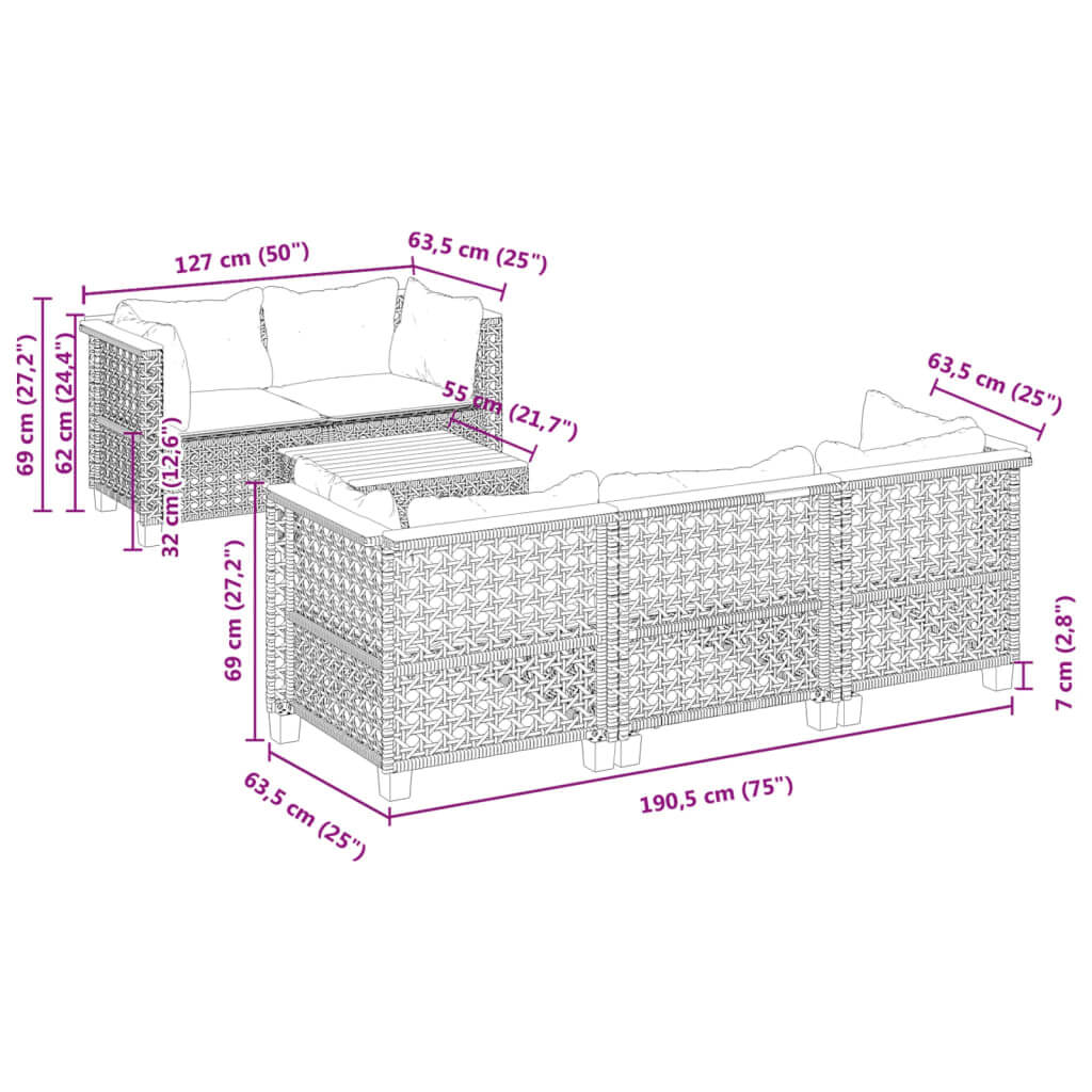 Dimensions of 6 Piece Garden Sofa Set in black poly rattan, showcasing cushions and layout for outdoor furniture.