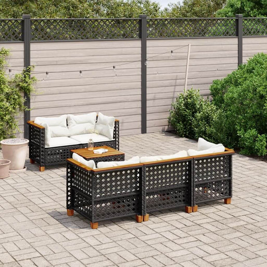 6 piece black poly rattan garden sofa set with cushions, perfect for outdoor lounging and relaxation.