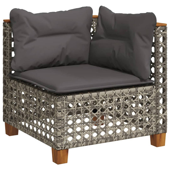 Comfortable grey poly rattan corner chair with cushions, perfect for outdoor lounge and garden furniture.