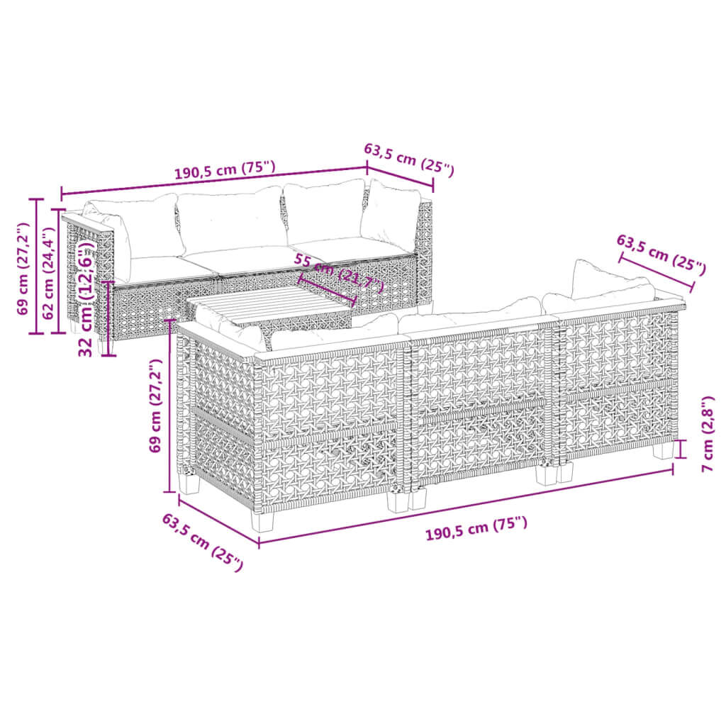 Dimensions of 7 Piece Garden Sofa Set with Cushions, showcasing the measurements for optimal outdoor furniture arrangement.