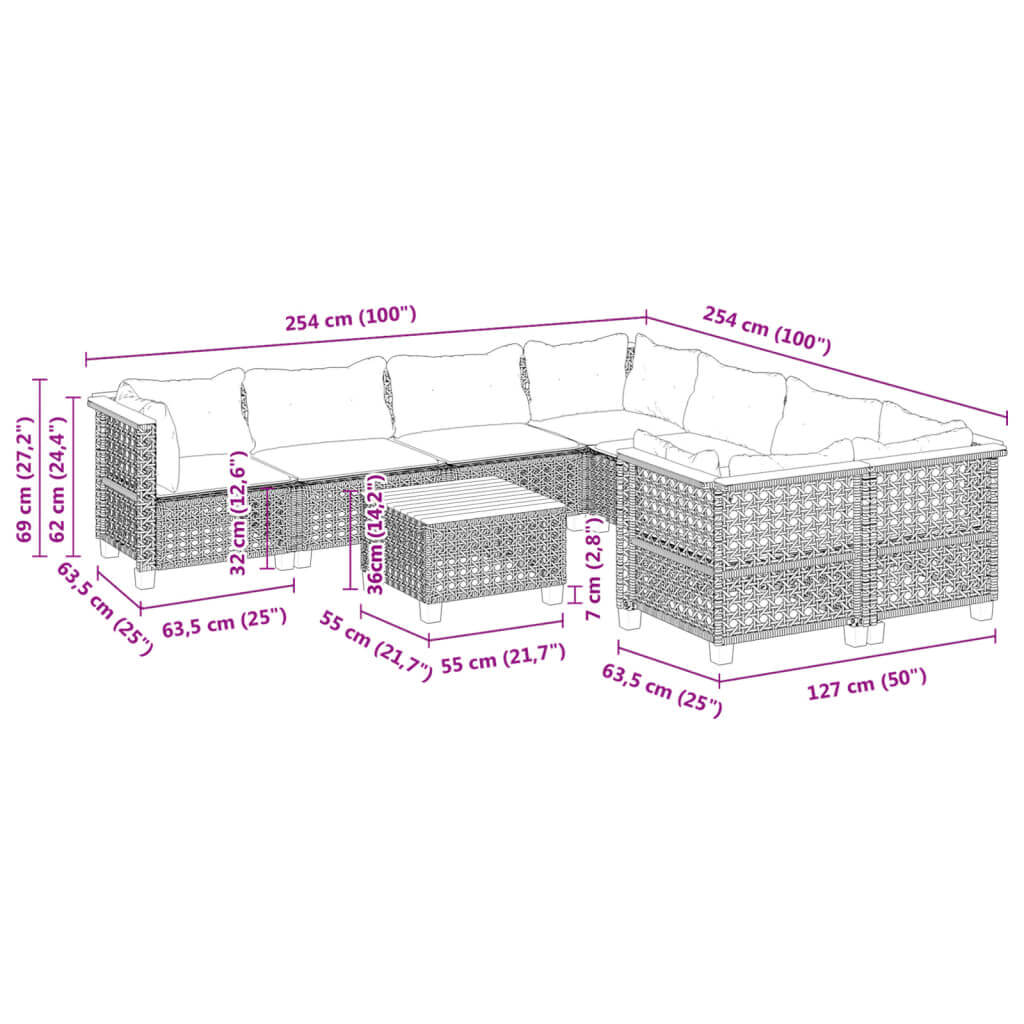 Dimensions of 9 Piece Garden Sofa Set with Cushions in Black Poly Rattan, showcasing layout and size measurements.